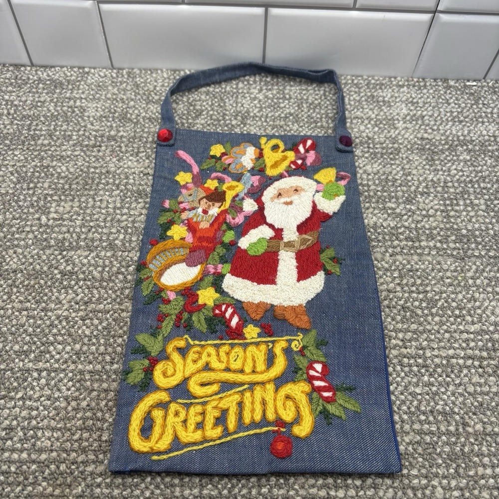 Columbia Minerva CM Christmas Crewel Kit Denim Santa Claus Hallmark VTG Finished - Picture 1 of 9